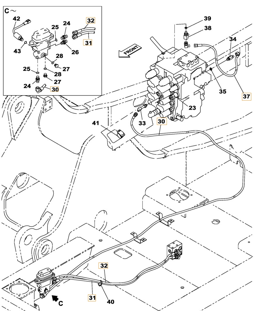 Case CX180B installation diagram showing hydraulic hose KHJ2195 at Pipe No. 37