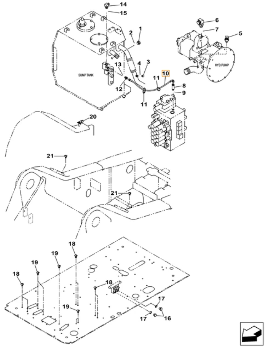 Case CX380C LC installation diagram showing hydraulic hose KHJ2249 at Pipe No. 10