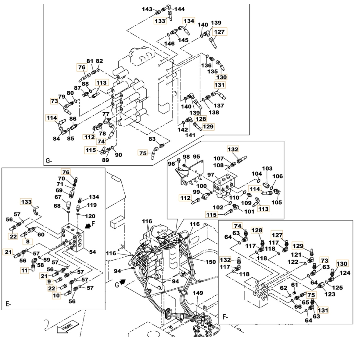 Case CX210C LR installation diagram showing hydraulic hose KHJ15120 at Pipe No. 130