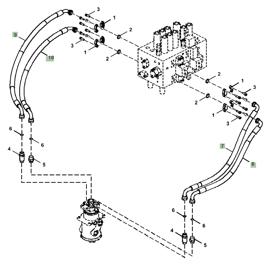 Hitachi ZX180LC-5N installation diagram showing hydraulic hose 4643290 at Pipe No. 7