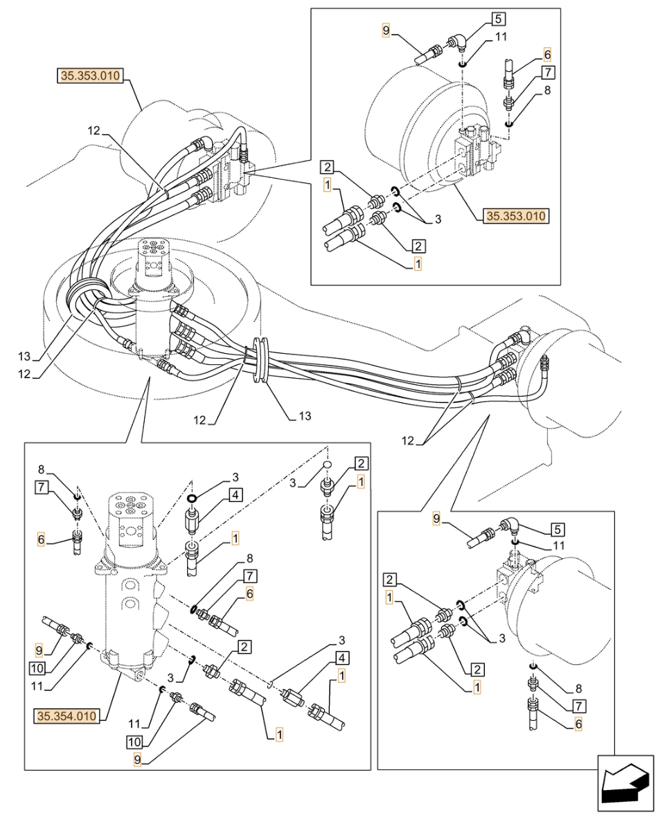 Case CX500D LC ME installation diagram showing hydraulic hose 159005A1 at Pipe No. 6