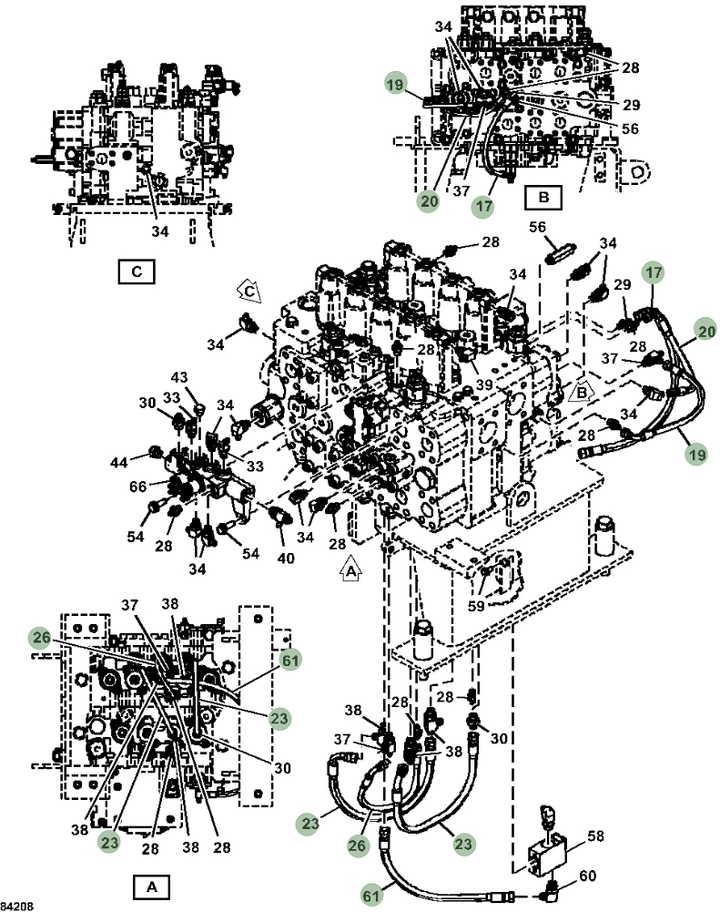 Hitachi ZX470LC-6 installation diagram showing hydraulic hose 4713487 at Pipe No. 20