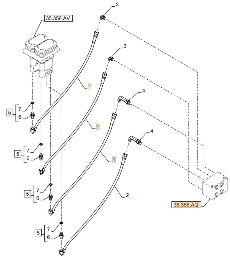 Case CX490D LC installation diagram showing hydraulic hose KHJ2180 at Pipe No. 1