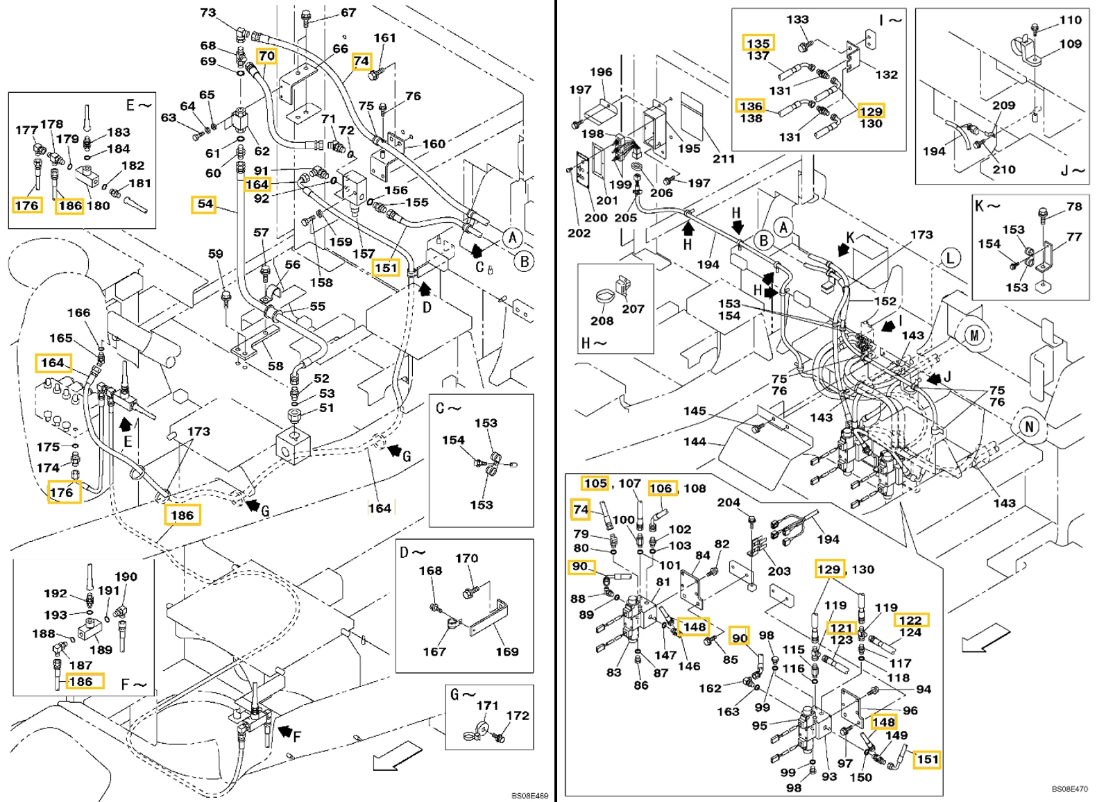 Case CX700B installation diagram showing hydraulic hose 152299A1 at Pipe No. 186