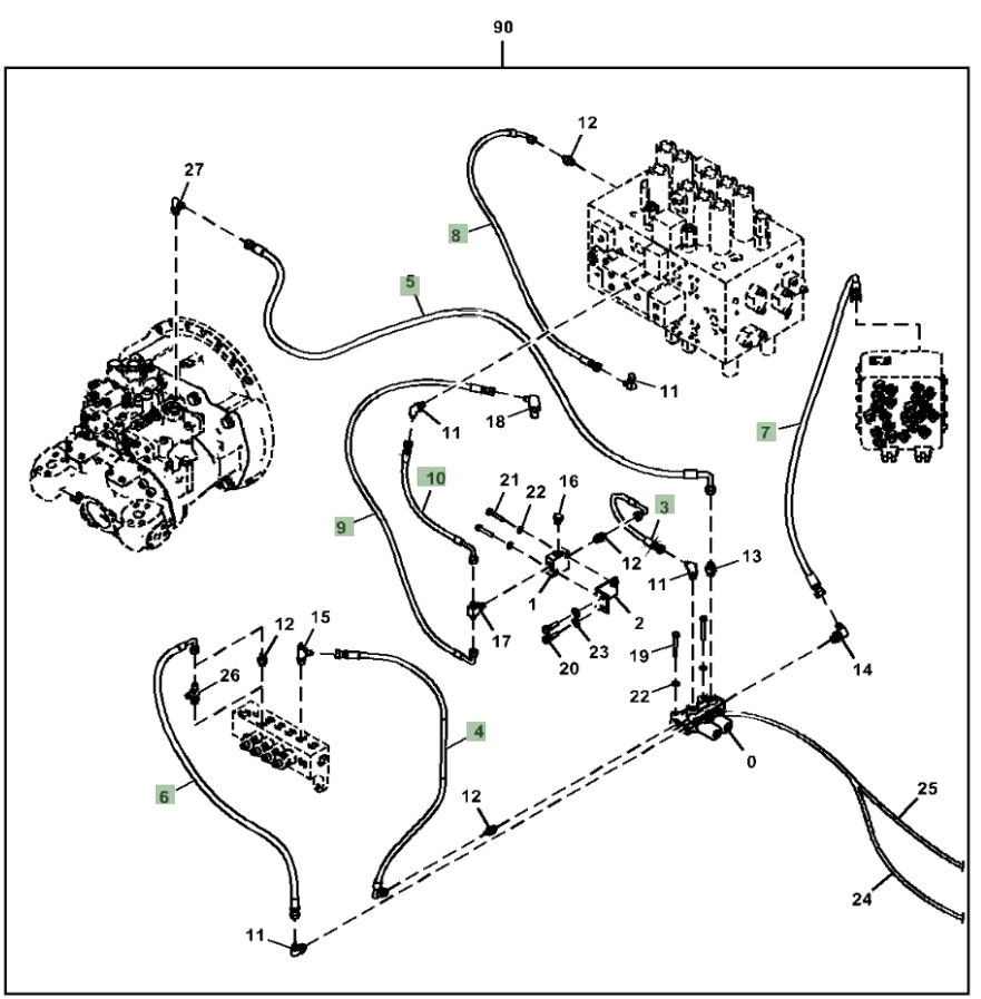 Hitachi ZX210-5N installation diagram showing hydraulic hose 4249348 at Pipe No. 9