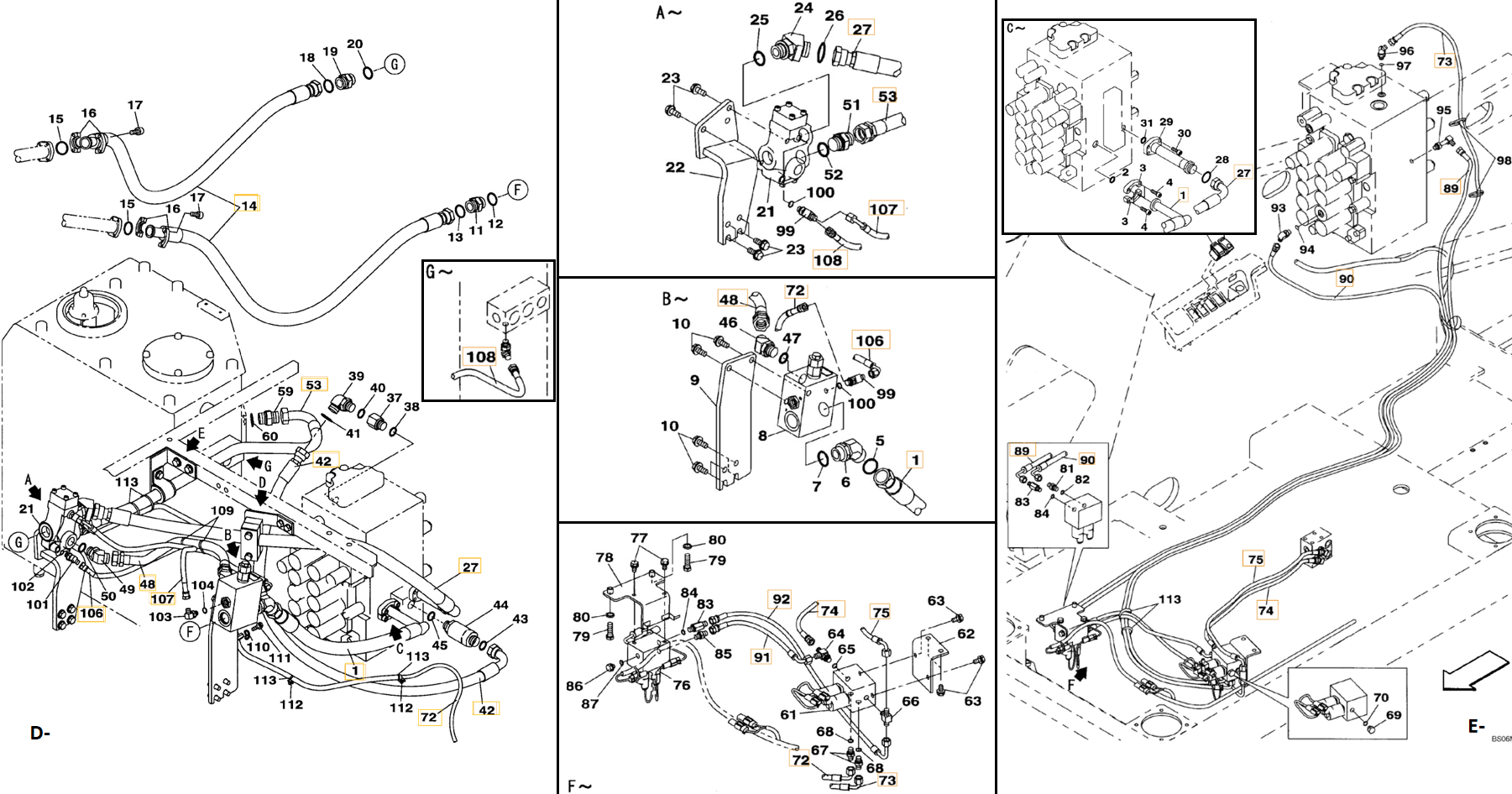 Case CX290B installation diagram showing hydraulic hose KHJ14650 at Pipe No. E74-F74