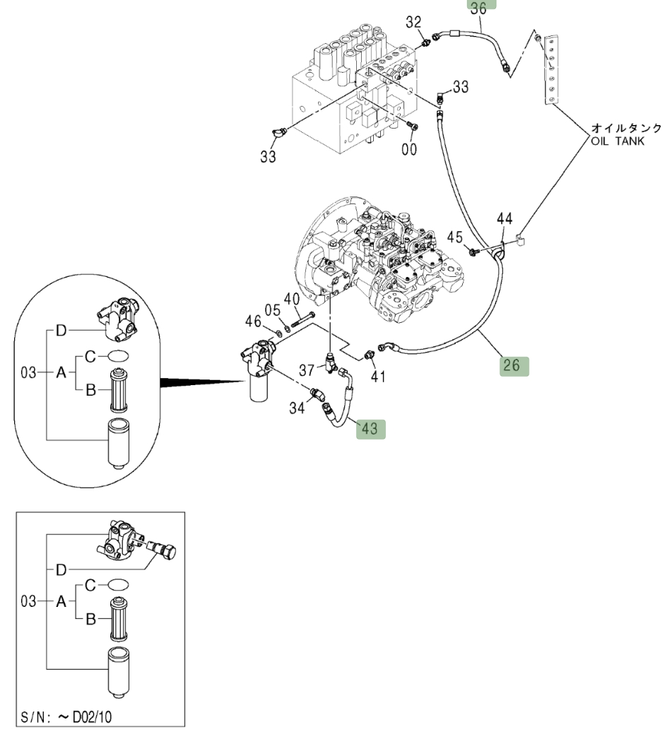 Hitachi ZX200LC installation diagram showing hydraulic hose 4436575 at Pipe No. 36