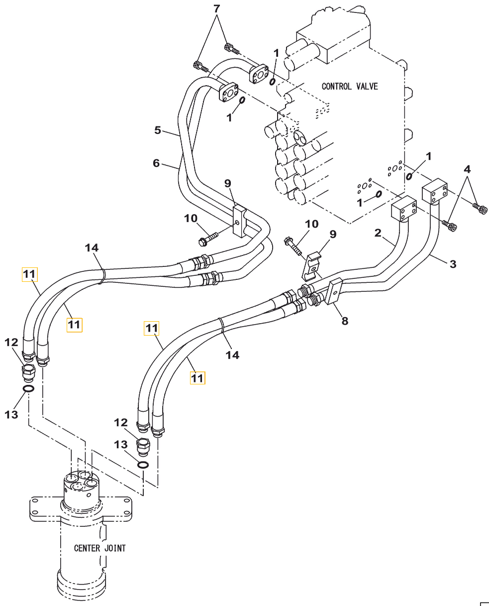 Case CX240C-8 installation diagram showing hydraulic hose KBJ10430 at Pipe No. 11