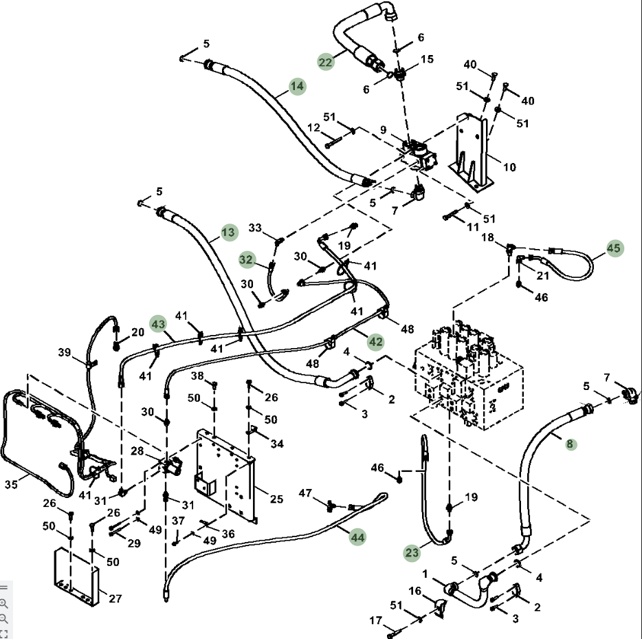 Hitachi ZX210LC-5N installation diagram showing hydraulic hose 9154207 at Pipe No. 14