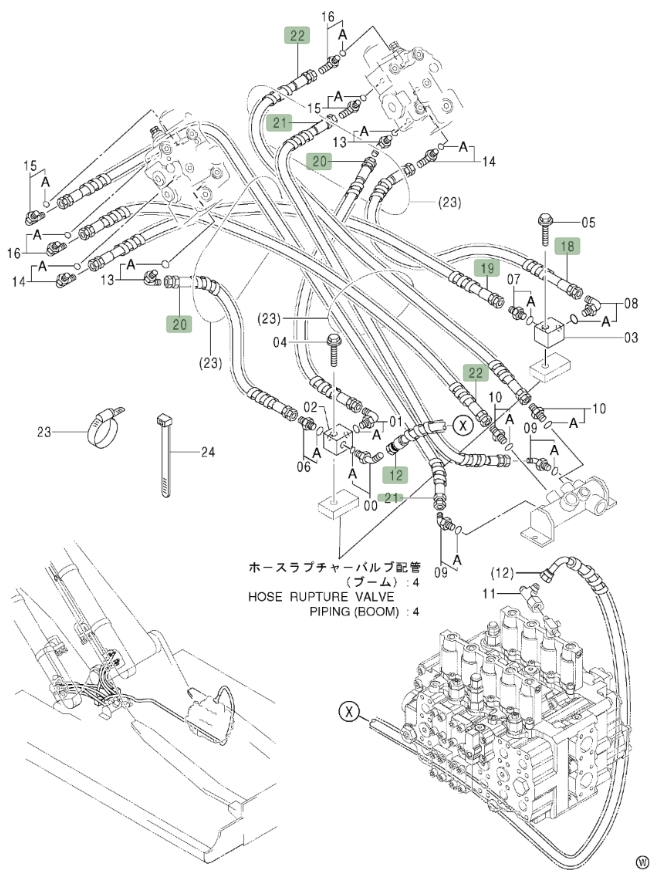 Hitachi ZX450LC installation diagram showing hydraulic hose 4322514 at Pipe No. 21