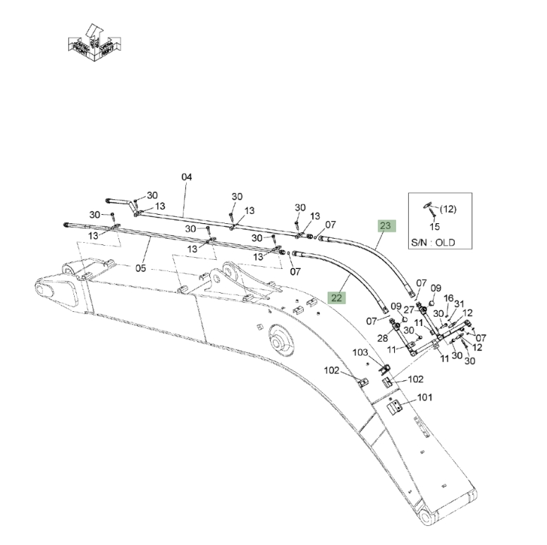 Hitachi ZX135US-3 installation diagram showing hydraulic hose 4649408 at Pipe No. 22