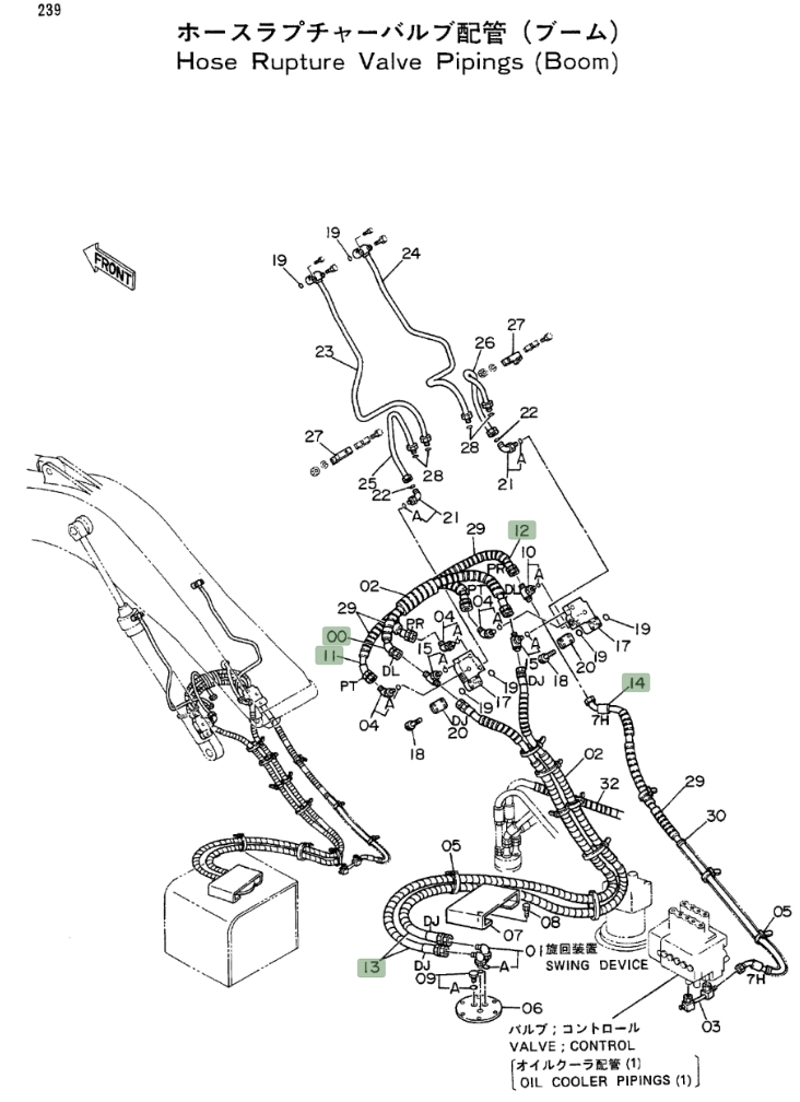 Hitachi EX300LC installation diagram showing hydraulic hose 4226384 at Pipe No. 11