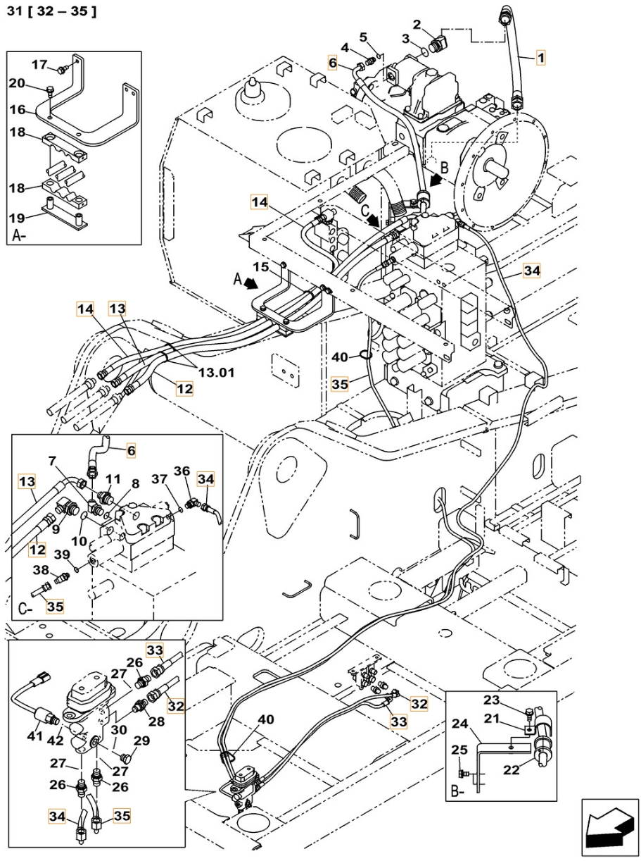 Case CX350C installation diagram showing hydraulic hose KHJ19000 at Pipe No. 34