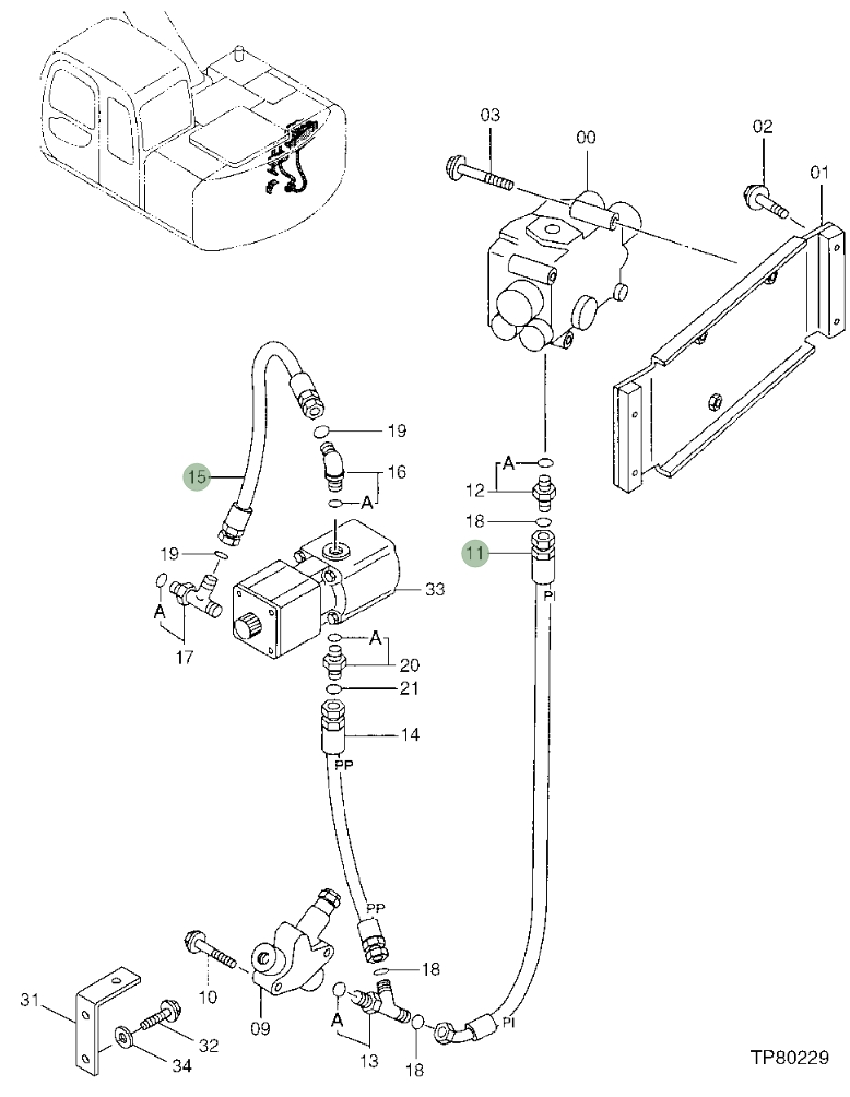 Hitachi EX110-5 installation diagram showing hydraulic hose 4366794 at Pipe No. 14