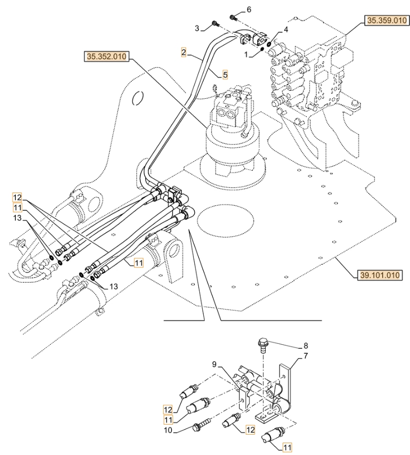 Case CX130D LC installation diagram showing hydraulic hose KLJ10660 at Pipe No. 11