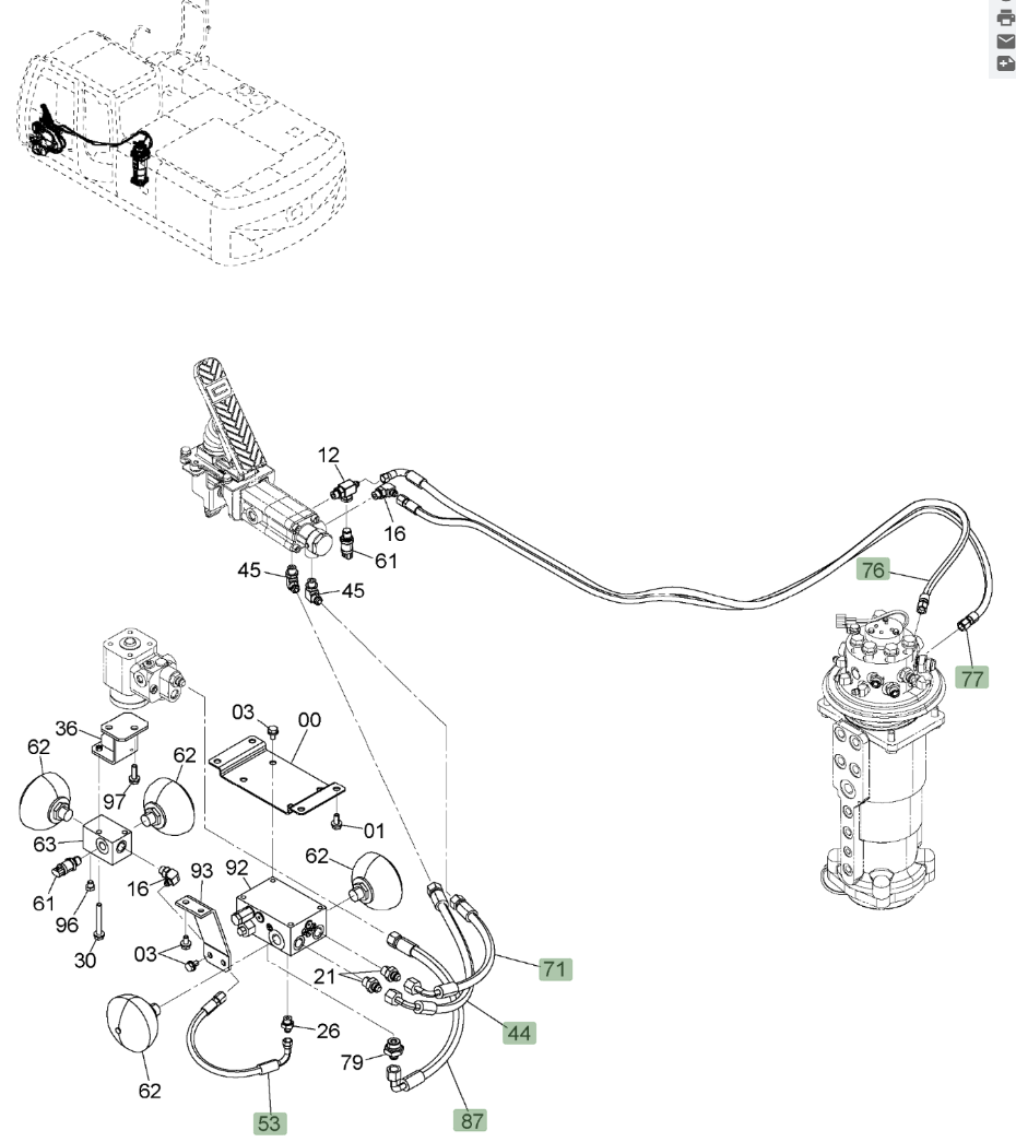 Hitachi ZX220W-3 installation diagram showing hydraulic hose 4674282 at Pipe No. 77