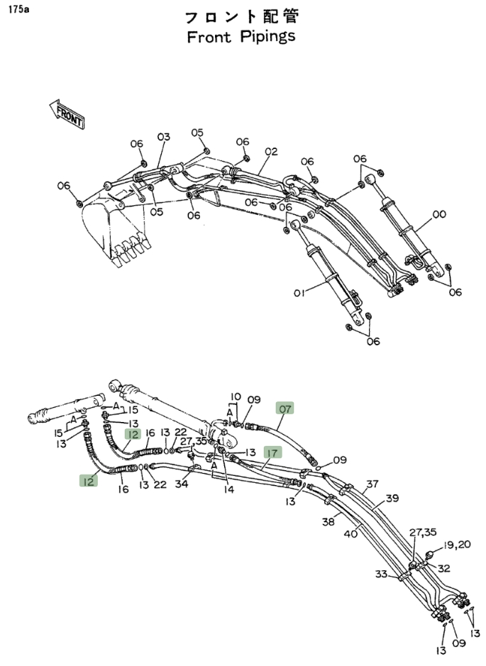 Hitachi EX200LC installation diagram showing hydraulic hose 4187392 at Pipe No. 12