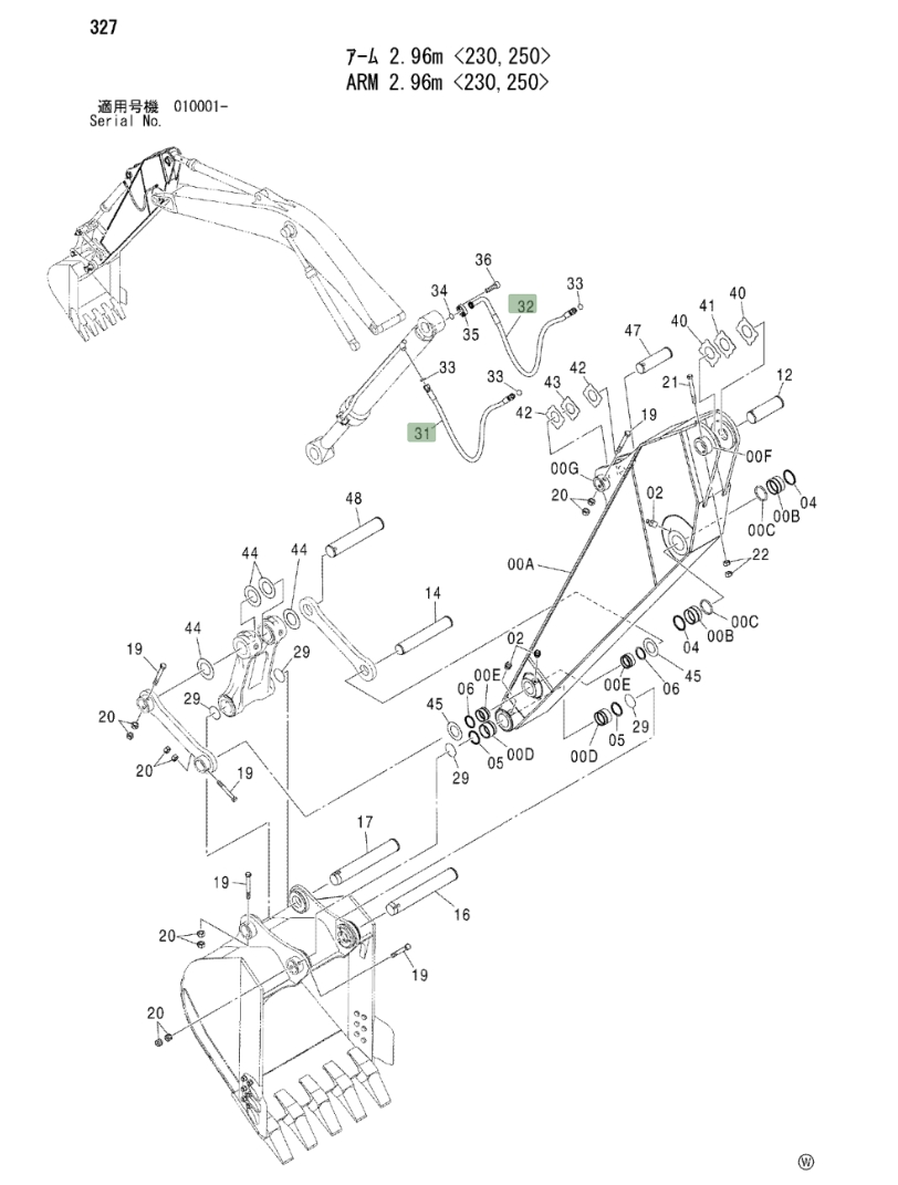 Hitachi ZX240 installation diagram showing hydraulic hose 4303123 at Pipe No. 32