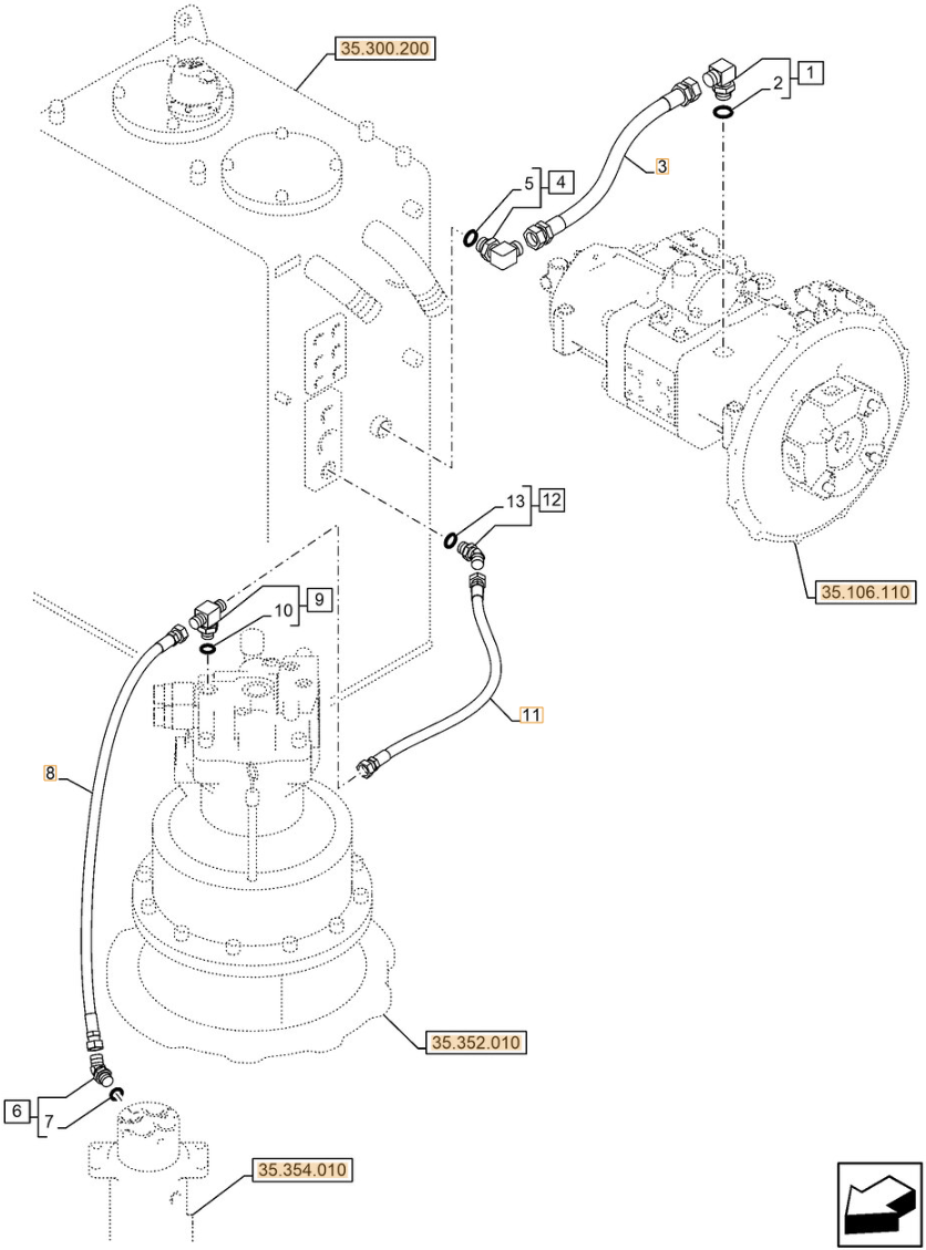 Case CX250E LC installation diagram showing hydraulic hose KRJ11540 at Pipe No. 3