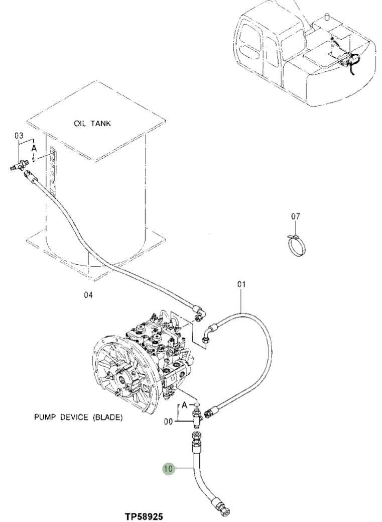 Hitachi EX110-5 installation diagram showing hydraulic hose 4366995 at Pipe No. 4