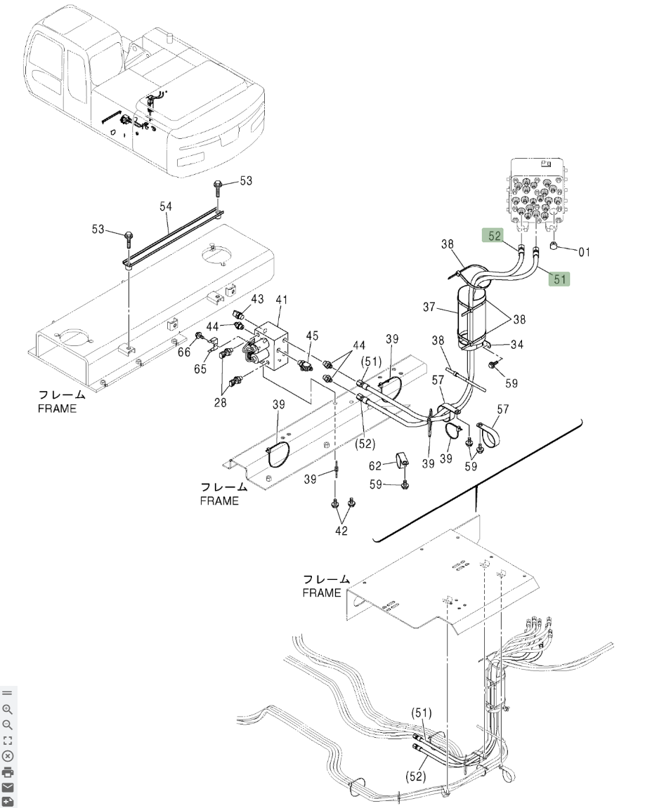 Hitachi ZX210W installation diagram showing hydraulic hose 4467598 at Pipe No. 51