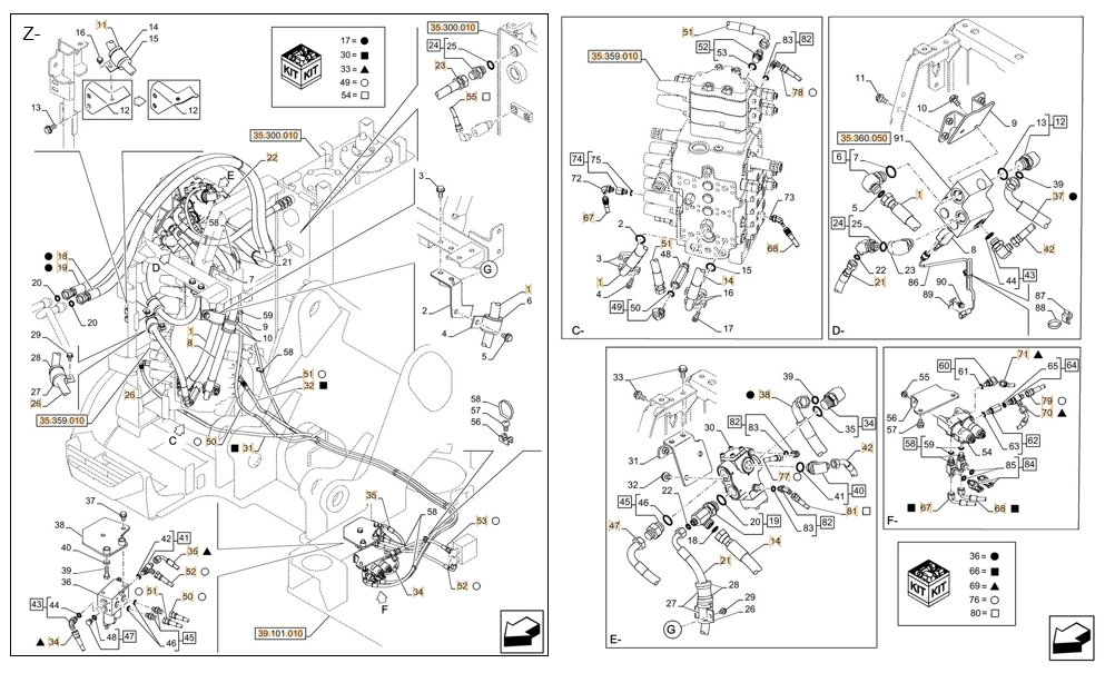 Case CX145D SR W/B installation diagram showing hydraulic hose KHJ2238 at Pipe No. Z35-F71