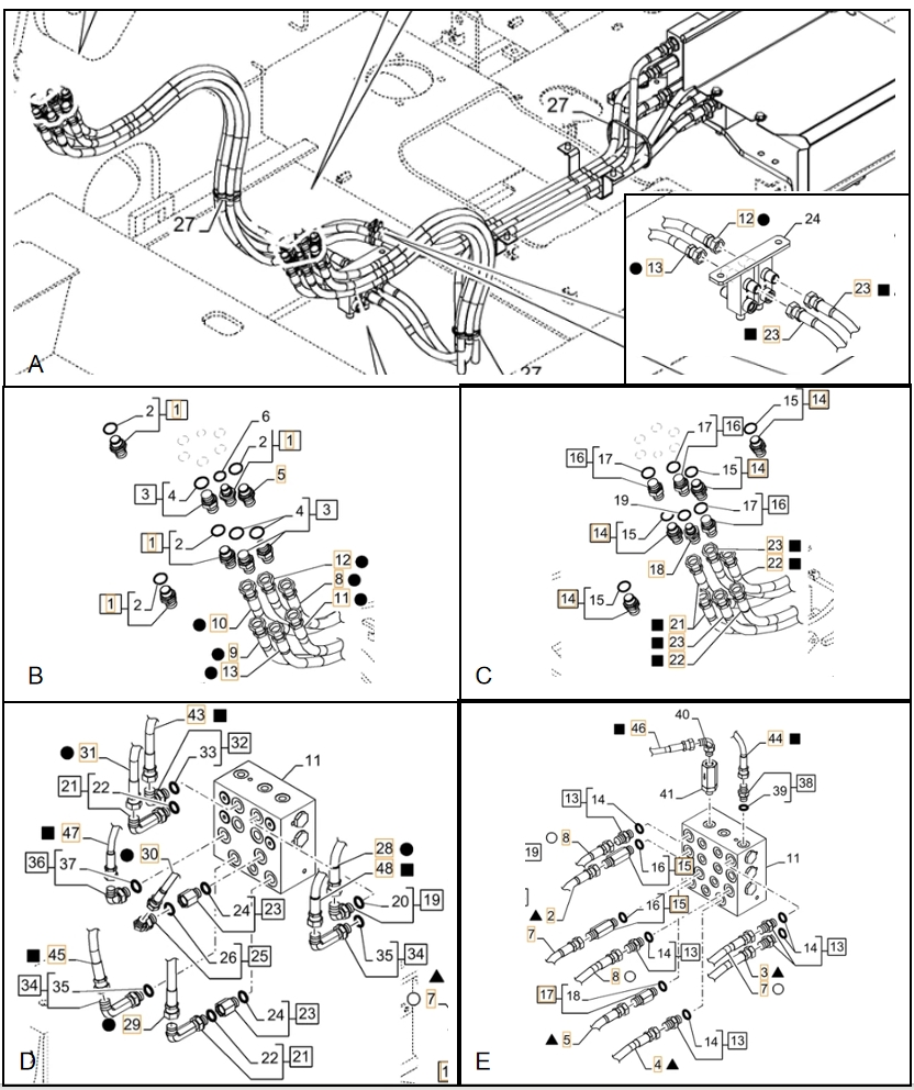 Case CX130D LC installation diagram showing hydraulic hose 159213A1 at Pipe No. 23