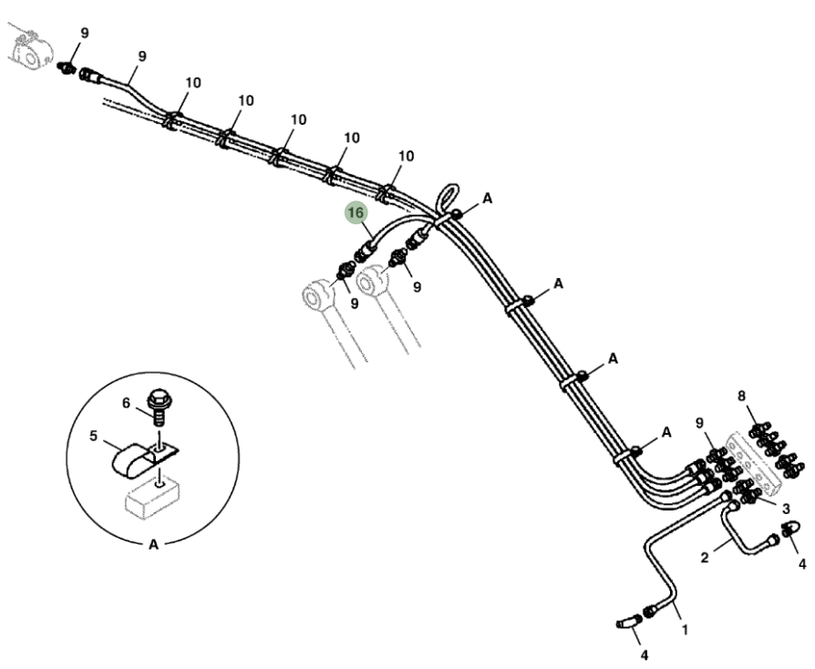 Hitachi ZX290LC-5G installation diagram showing hydraulic hose 4358894 at Pipe No. 16