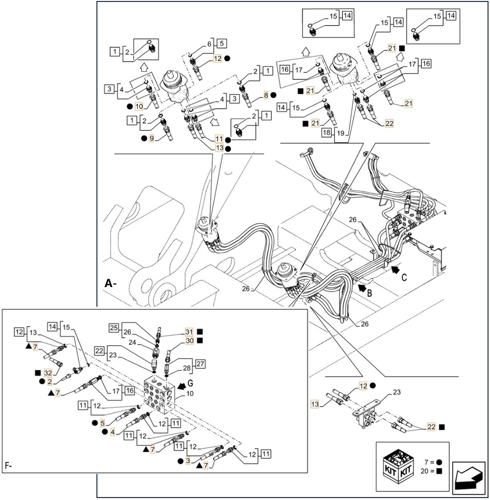 Case CX210D NLC installation diagram showing hydraulic hose 168025A1 at Pipe No. A10-F4