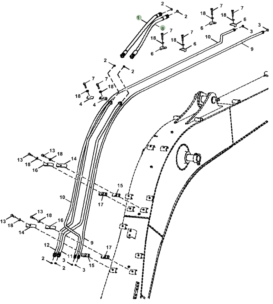 Hitachi ZX130-6N installation diagram showing hydraulic hose 4658964 at Pipe No. 1