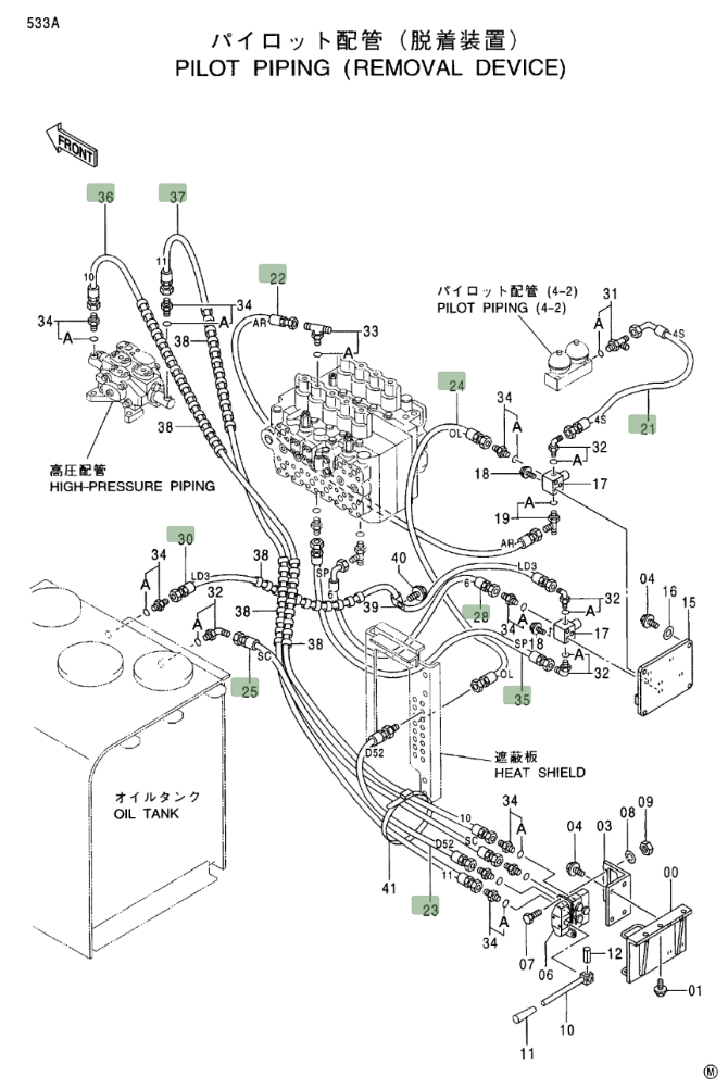 Hitachi EX750-5 installation diagram showing hydraulic hose 4368893 at Pipe No. 35