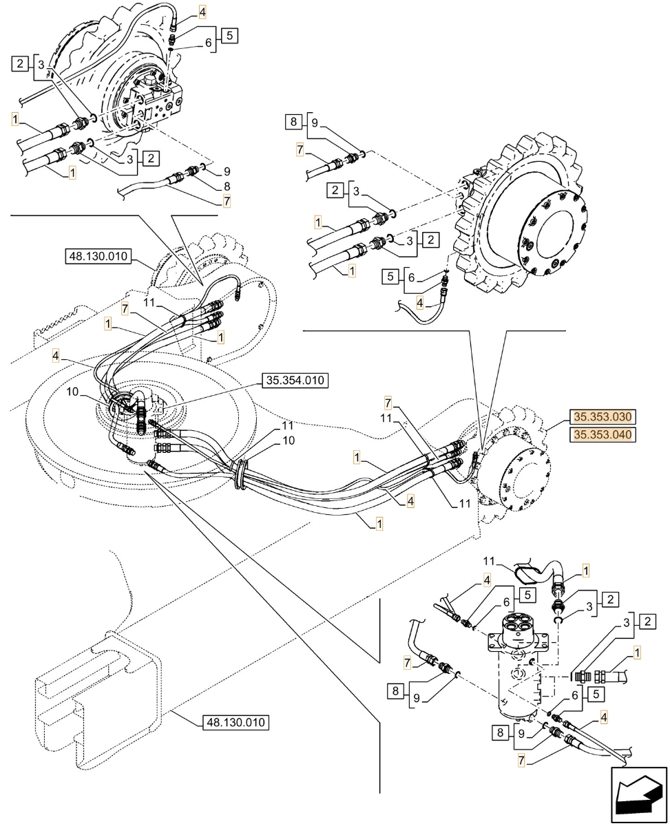 Case CX130D installation diagram showing hydraulic hose 152709A1 at Pipe No. 4