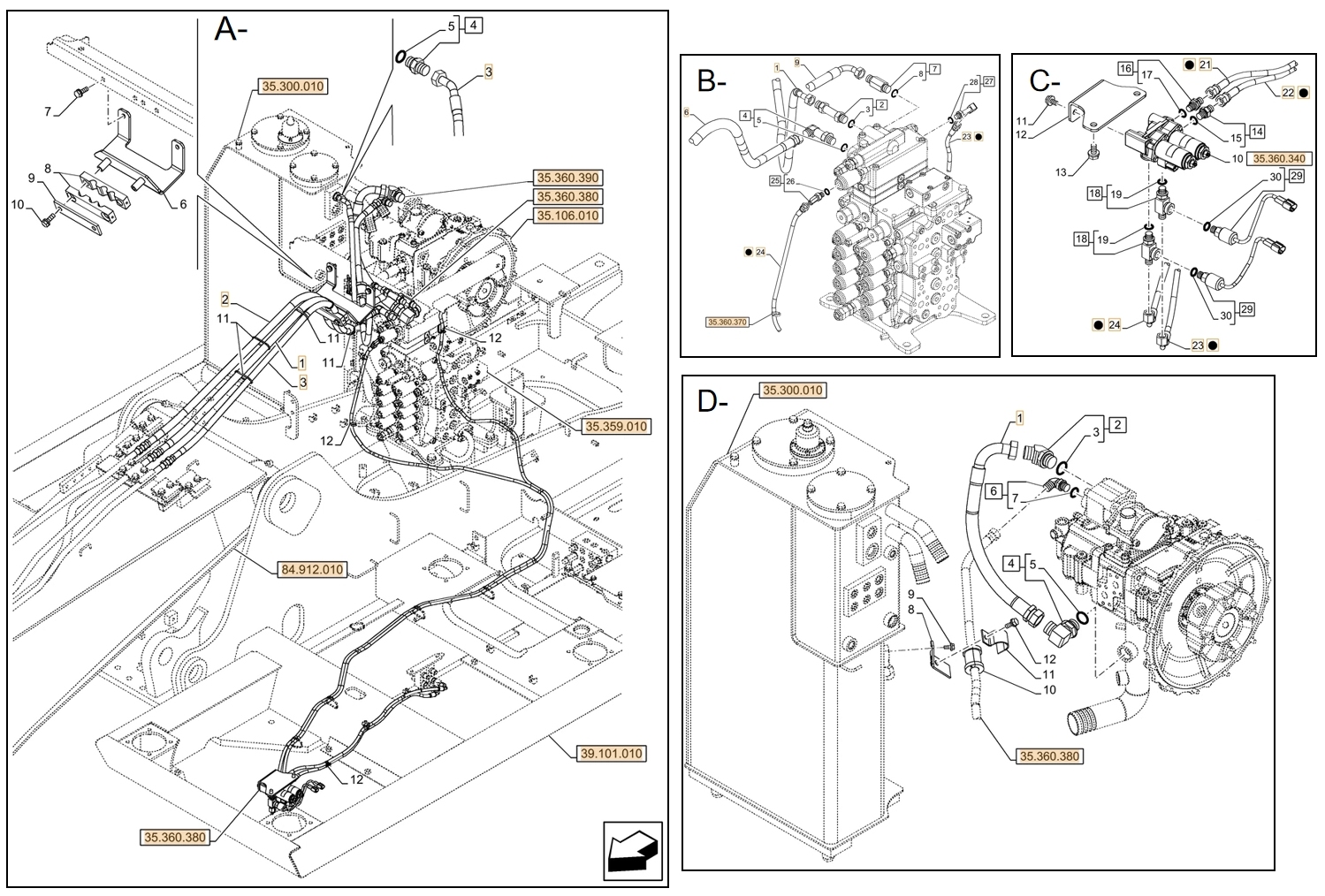 Case CX180D LC installation diagram showing hydraulic hose KHJ18960 at Pipe No. B23-C23