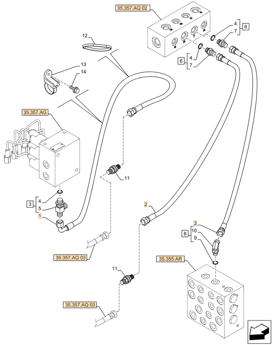 Case CX490D RTC installation diagram showing hydraulic hose KHJ2318 at Pipe No. 2