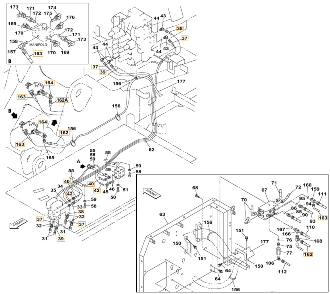 Case CX240 installation diagram showing hydraulic hose KAJ3524 at Pipe No. 42