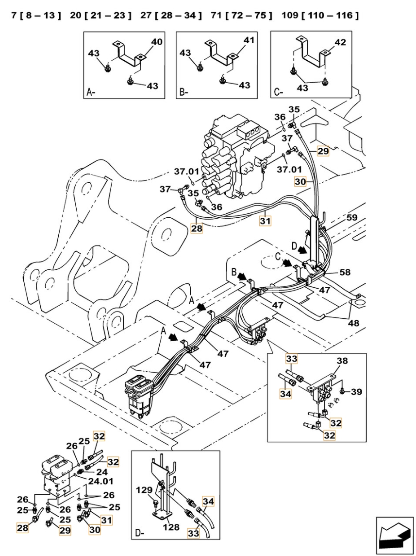 Case CX130C W/B installation diagram showing hydraulic hose KHJ2344 at Pipe No. 30