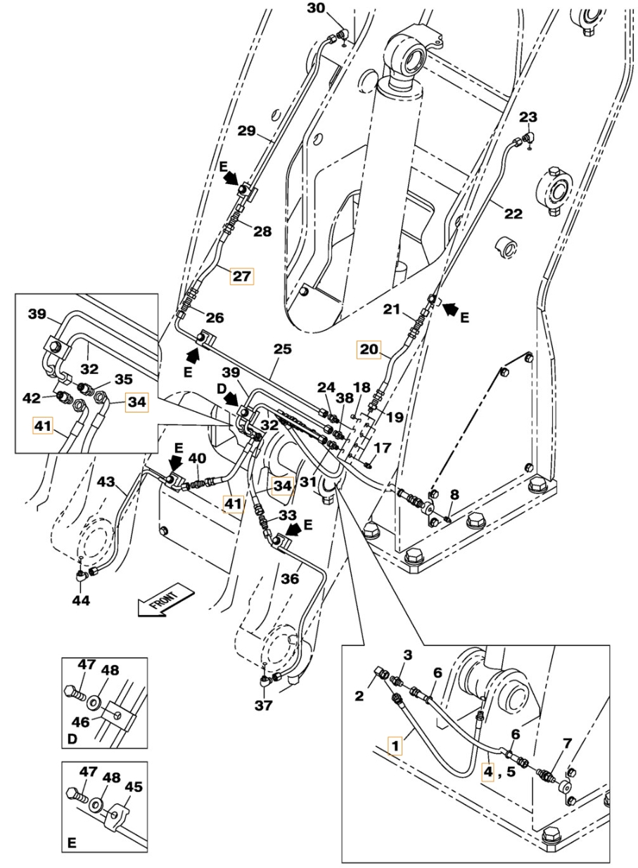 Case CX210B SL installation diagram showing hydraulic hose 168806A1 at Pipe No. 34