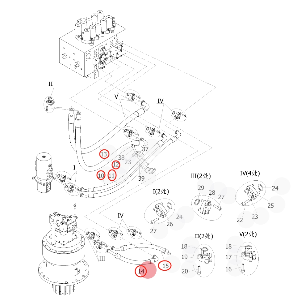 Sunward SWE365F installation diagram showing hydraulic hose 730504002018 at Pipe No. 14