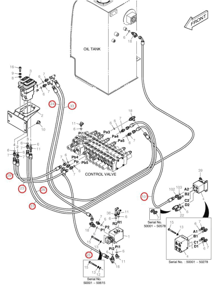 Doosan DX55 installation diagram showing hydraulic hose DS2093160 at Pipe No. 33