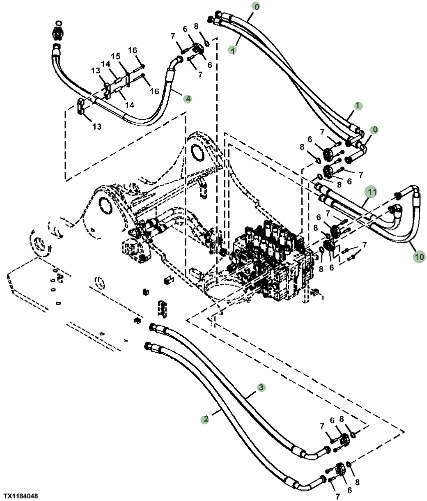 Hitachi ZX470-5A installation diagram showing hydraulic hose 4700799 at Pipe No. 11