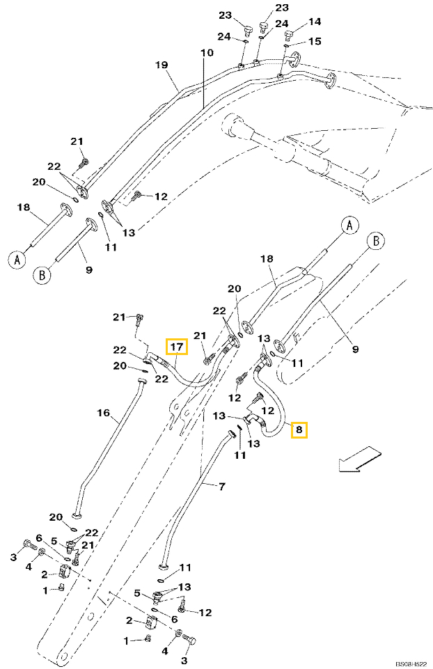 Case CX470C installation diagram showing hydraulic hose KBV16090 at Pipe No. 17
