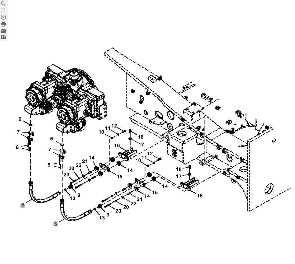 Hitachi ZX870LC-5B installation diagram showing hydraulic hose 4702228 at Pipe No. 5