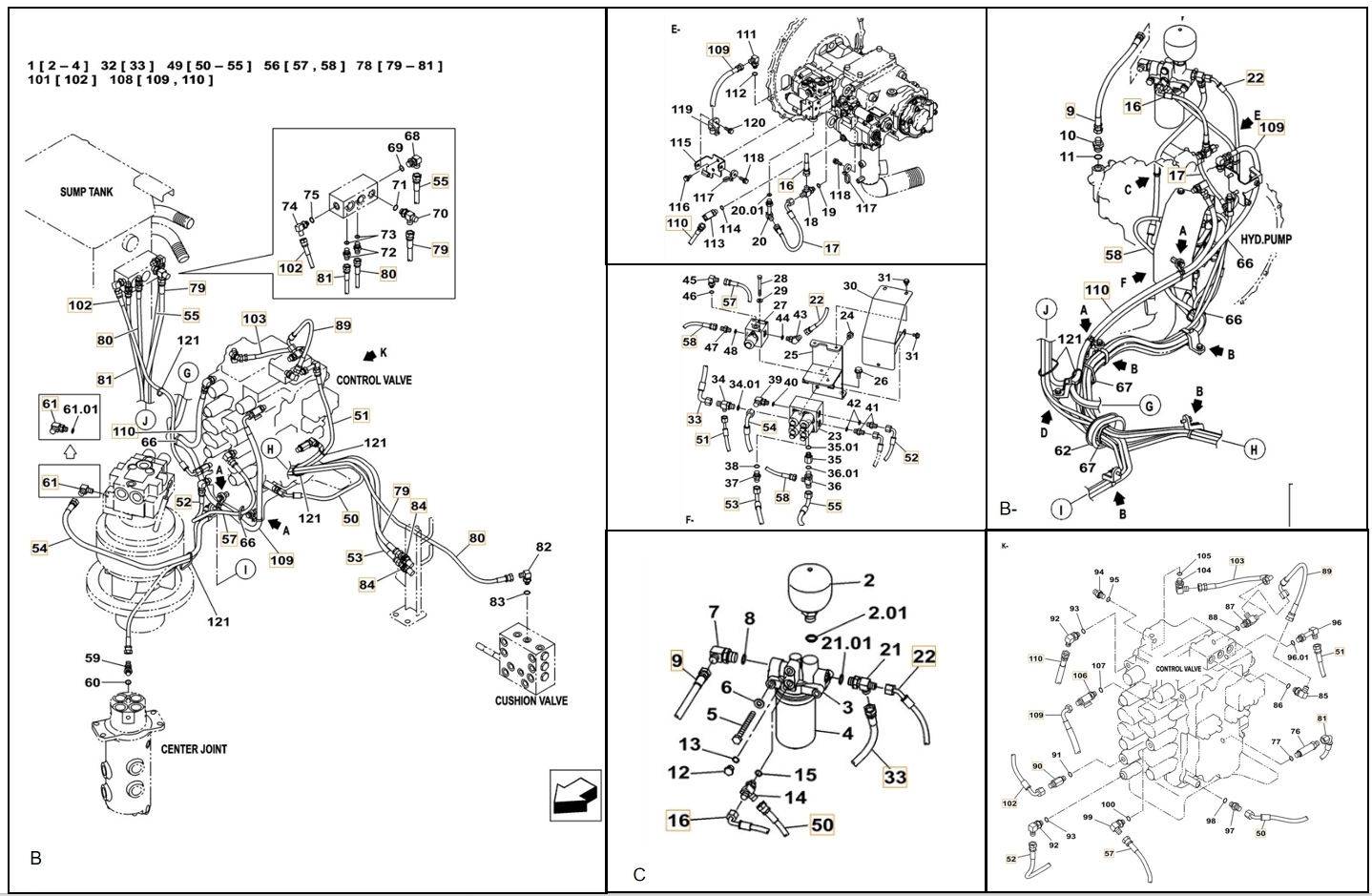 Case CX130C W/B installation diagram showing hydraulic hose KHJ2342 at Pipe No. 89