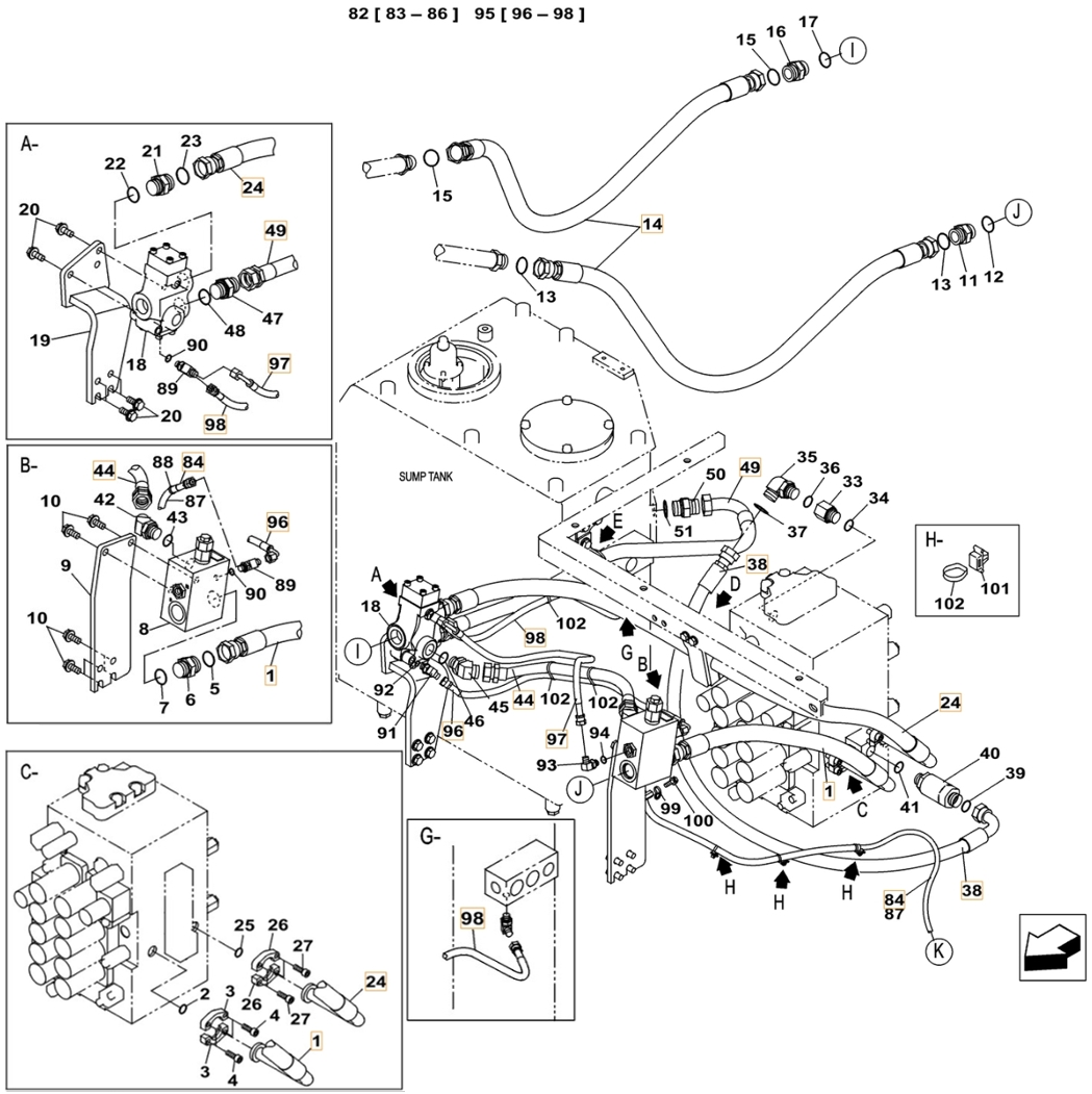 Case CX240C installation diagram showing hydraulic hose KRJ11540 at Pipe No. 44