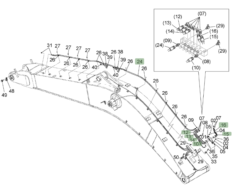 Hitachi ZX450LC-3 installation diagram showing hydraulic hose 4610839 at Pipe No. 12