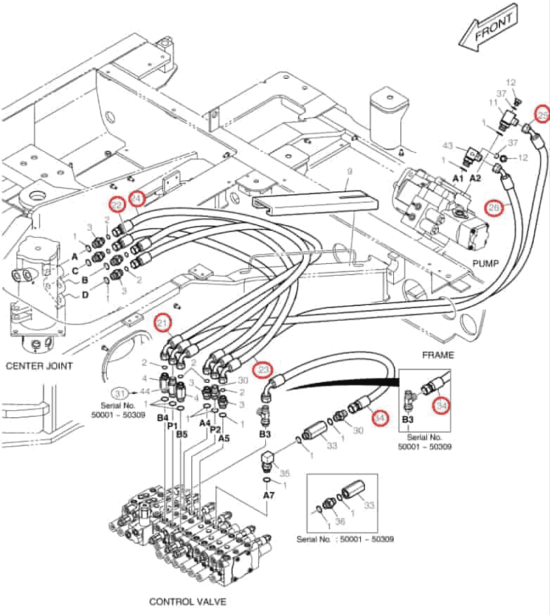 Doosan DX55 installation diagram showing hydraulic hose DS2013995 at Pipe No. 22