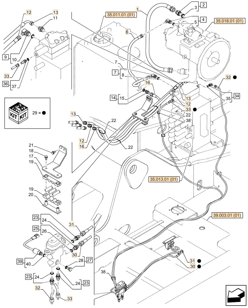 Case CX210C LC installation diagram showing hydraulic hose KHJ15170 at Pipe No. 32