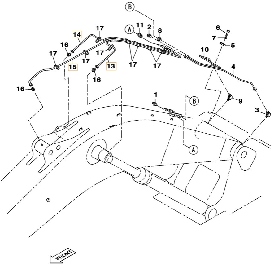 Case CX470C installation diagram showing hydraulic hose KHJ2082 at Pipe No. 14