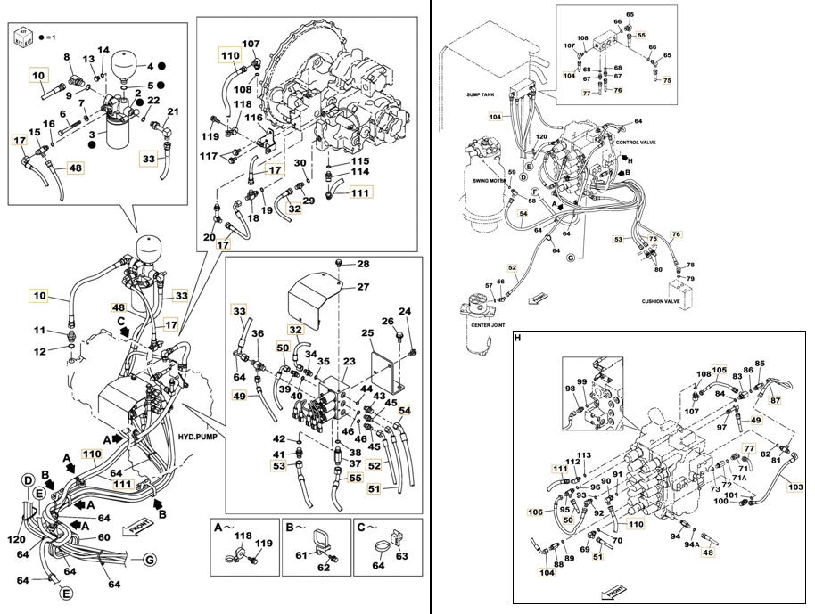 Case CX180B installation diagram showing hydraulic hose KHJ2107 at Pipe No. 53