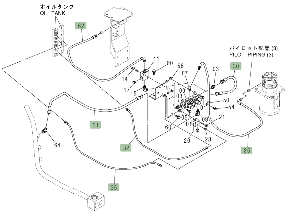 Hitachi ZX450LC installation diagram showing hydraulic hose 4459255 at Pipe No. 62